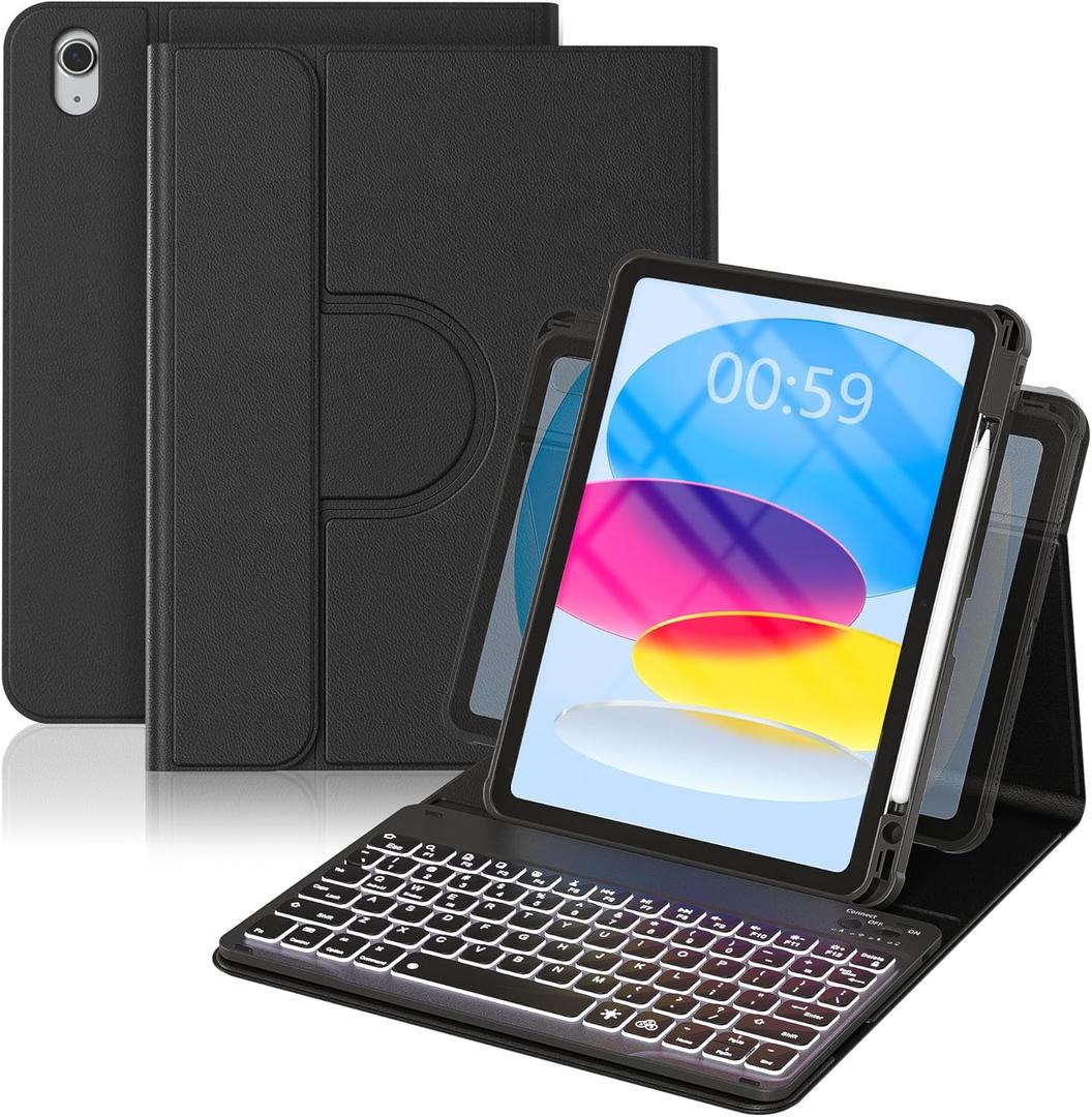 YBING for iPad A16 Case with Keyboard 11th &10th Generation, 360 Rotation Magnetic Cover with 7-Color Backlit Wireless Detachable Keypad with Pencil Holder for iPad 11th 2025/10 Gen 10.9" 2022 (Black)
