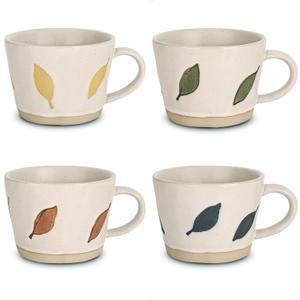 Leaf Mug, 11 oz Ceramic Coffee Cup for Tea Latte Cappuccino, Cute Unique Stoneware Teacup with Handle (Set of 4, Green Blue Yellow and Brown)