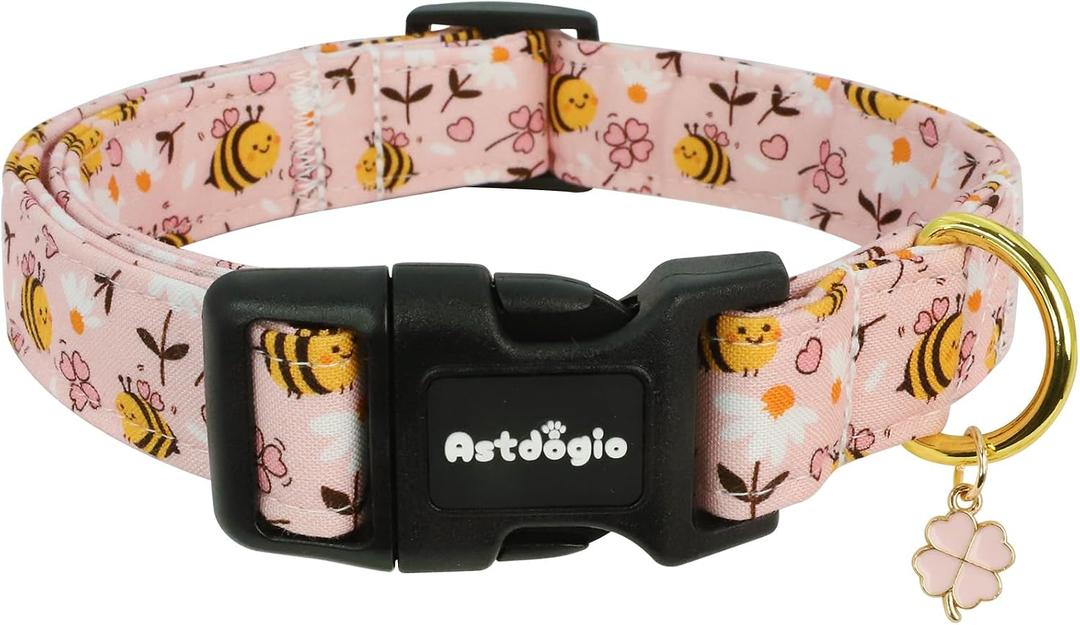 Dog Collar for Spring Summer, Pink Dog Collars with Bee & Flowers, Adjustable Cotton Puppy Dog Collars, Cute Girl or Boy Dog Collar Ideal for Small Medium Large Dogs,Pet Accessory,L