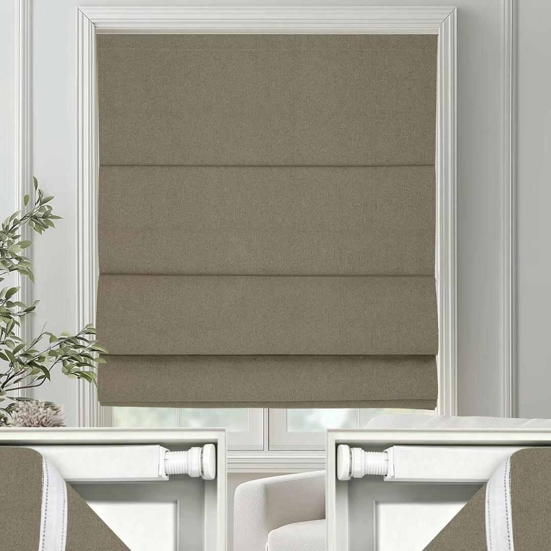 Changshade No Drill Roman Shades Cordless Blinds Blackout for Indoor Windows, Room Darkening Black Out Tension Rod No Hardware No Tools Inside Mount, Shade Size 35 Inches Wide 64 Inches High, Brown
