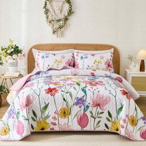Anibedding King Quilt Set, Pink Floral Bedspread Soft Microfiber Lightweight King Size Quilt Bedding Sets Reversible Flower Coverlet for All Season(King, 104"x90")