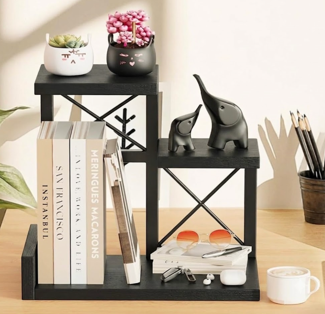 Abiglifty Desk Shelf Organizer, Wooden Desktop Organizers, 3 Tier Desk Hutch Small Bookshelf, Nightstand Organizer, Riser Display Stand for Office, Dorm, Home (Black)