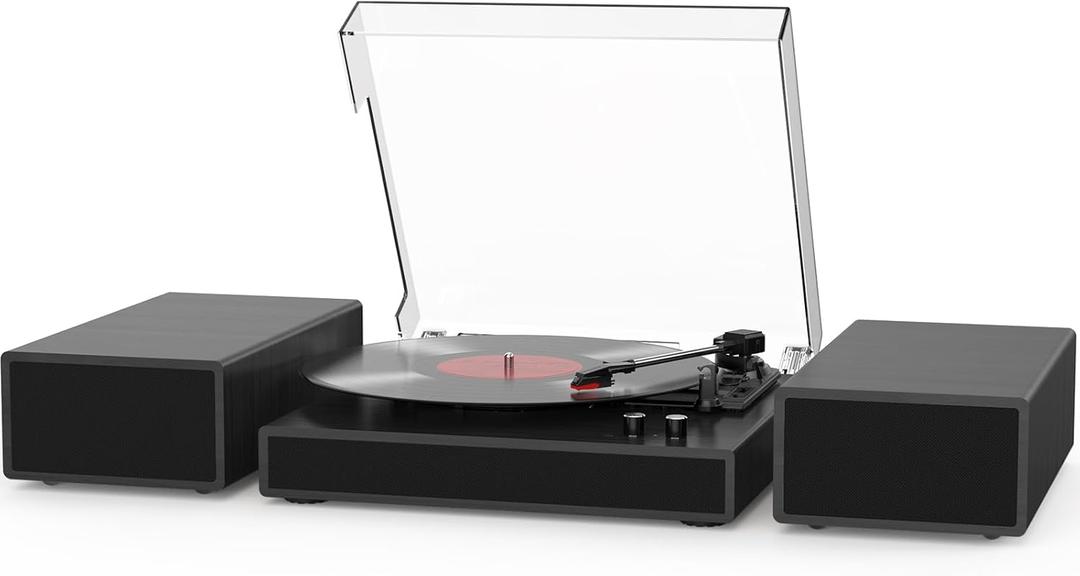 Vinyl Record Player with Dual Stereo Bookshelf Speakers Vintage Turntable with Bluetooth Wireless Playback Belt Drive 3-Speed Playback Record Player Support RCA Out Auto Stop (Black)