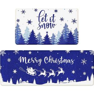 Merry Christmas Kitchen Mats, Blue Christmas Kitchen Rugs Set of 2-Blue Snowflakes Let It Snow Winter Kitchen Decor-Xmas Decorations for Floor, Bathroom, Living Room,Doorway 17x28 and 17x47 Inch
