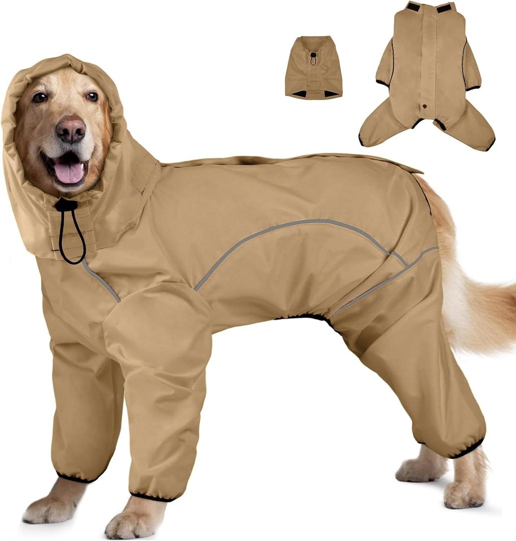 Dog Raincoat, Waterproof Dog Rain Jacket with Removable Hood Adjustable 4 Legs Pet Poncho with Leash Hole Reflective Stripe Hooded Snow proof Windproof Clothes for Dogs, M (Khaki Green)