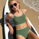 FtcoDcik Girls Swimsuit Double Strap High Waist Sporty Bikini Swimsuits Summer Beach 2 Piece Bikini Sets(13 Years) Green