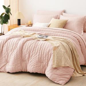 CozyLux Queen Comforter Set Blush Pink Seersucker 7 Pieces Bed in a Bag Queen Comforter Set with Sheets, Luxury Soft Bedding Set with Down Alternative Comforter, Sheets, Pillowcases & Shams All Season