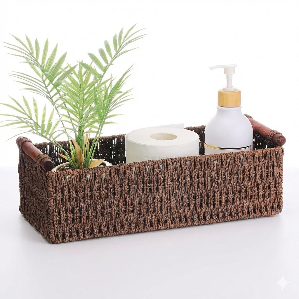Boao 1 Pc Boho Storage Wicker Baskets Handmade Woven Decorative Paper Rope Baskets for Organizing with Handle Countertop Toilet Paper Storage Container for Toilet Tank Top(Brown,Rectangle) 1 Pack