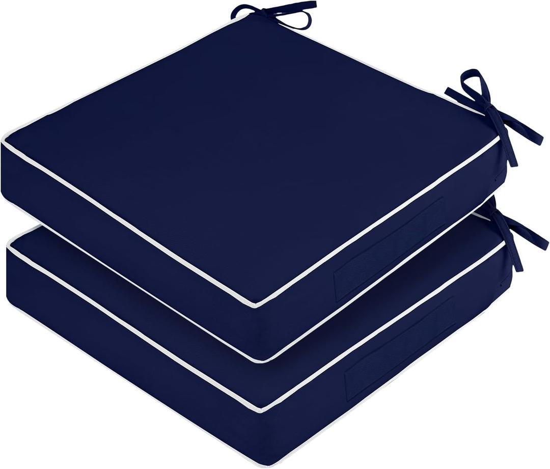 Waterproof Outdoor Chair Cushions Set of 2, Square Outdoor Seat Cushions with Ties and Removable Covers, 19 x 19 Outdoor Cushions for Patio Furniture with Portable Handle(Navy/White) (19x19x3, Navy/White Piping)
