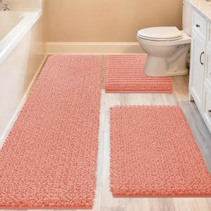 ACCUMTEK Upgrade Extra Large Coral Bathroom Rug Set 3 Pieces Ultra Soft, Thick Absorbent Bath Mats, Non Slip Chenille Toilet Mat for Bathroom, Bedroom, Kitchen (48"x20"+24"x17"+U Shape24"x20")