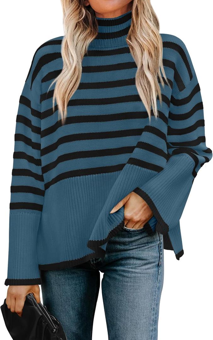 ZESICA Women's Winter Sweaters Casual Turtleneck Long Sleeve Striped Side Slit Loose Pullover Sweater Jumper Tops (M)