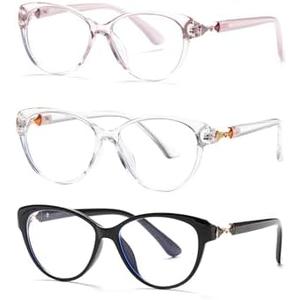 PEYEOISD 3 Pack Fashion Cat Eye Reading Glasses Women, Ladies Cateye Anti Blue Light Readers, Cute Anti Glare/UV Eyeglasses