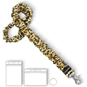 Lanyardio Stretchy Scrunchie Lanyard for ID Badges Keys, Cute Teacher Lanyard for Women with 2 Card Holders 19.6 Inch (Leopard Print)