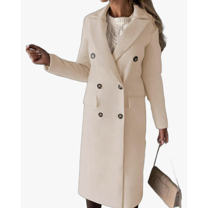 Women Double Breasted Wool Blend Mid Long Pea Coat Notch Lapel Jacket Outwear Cozy Casual Winter Coats for Women Size L