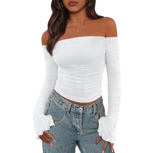PRETTYGARDEN Womens Long Sleeve T Shirts Casual Off Shoulder Ruched Mesh Slim Fit Crop Tops Going Out Summer Blouses (Small, White)