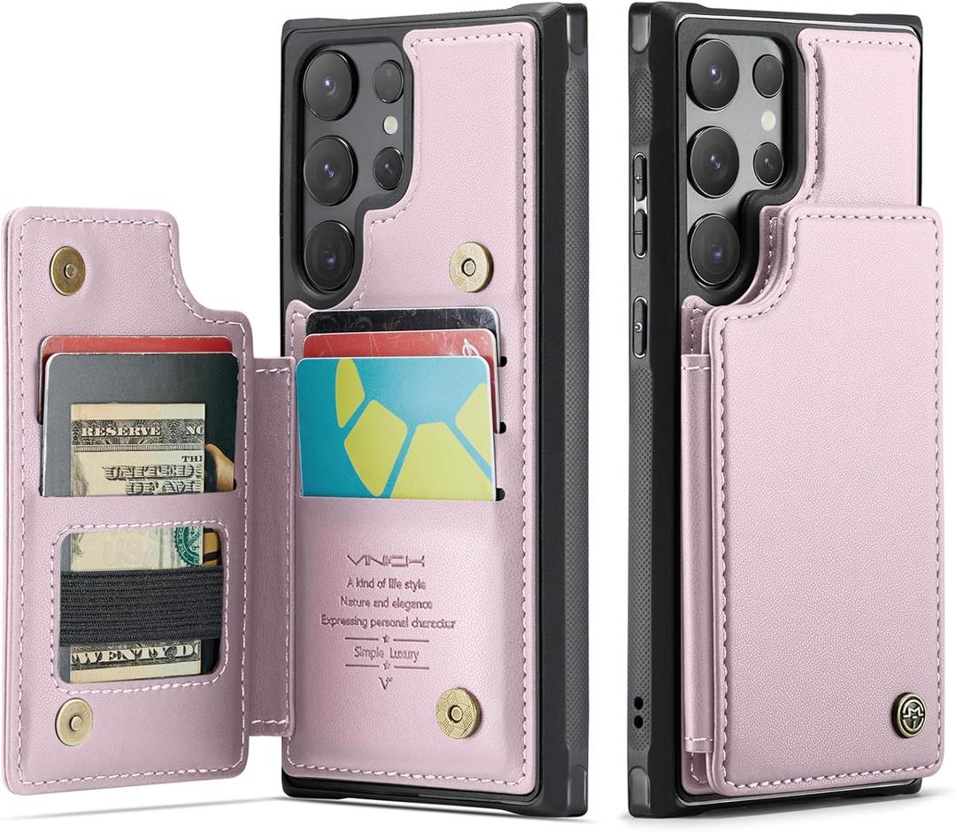 Vinich for Samsung Galaxy S24 Ultra Wallet Case with Card Holder, RFID Blocking Credit Slots Kickstand Shockproof Phone Cover for Women Men, Pink