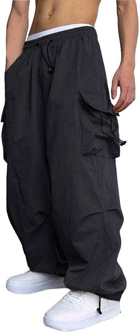 WZIKAI Men's Baggy Cargo Pants Casual Parachute Cargo Pants Loose Fit Hip Hop Harem Pants with Pockets (X-Large, Black)