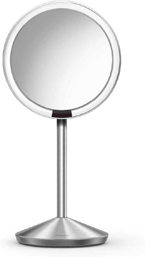 simplehuman Sensor Mirror, 5" Round Rechargeable Mini Travel Makeup Mirror, 10x Magnification, Brushed Stainless Steel