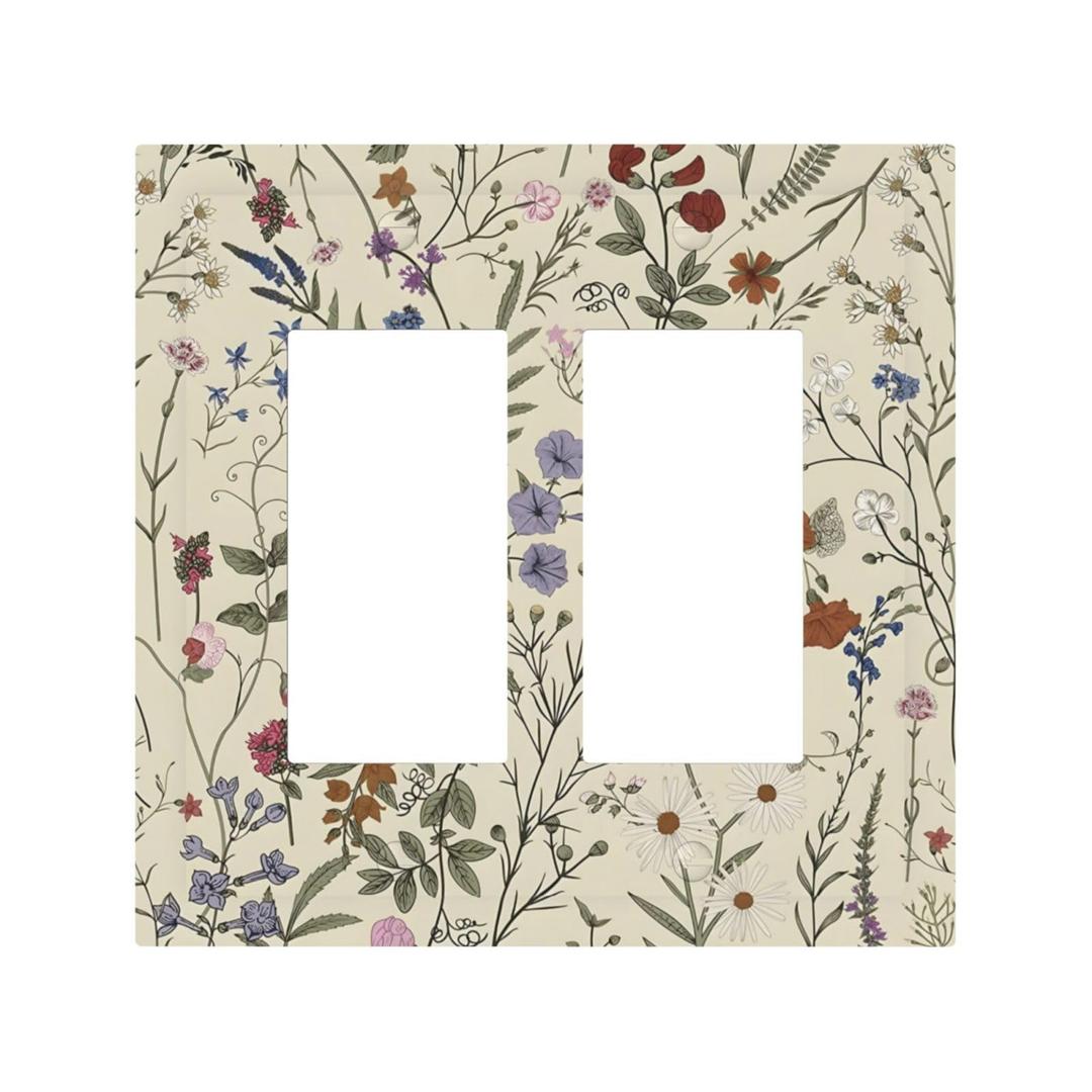 Boho Vintage Colorful Floral Botanical Leaves Flower Decorative Outlet Covers 2 Gang Double GFCI Rocker Electrical Wall Panels Light Switch Cover Plate for Bedroom Living Room Decor