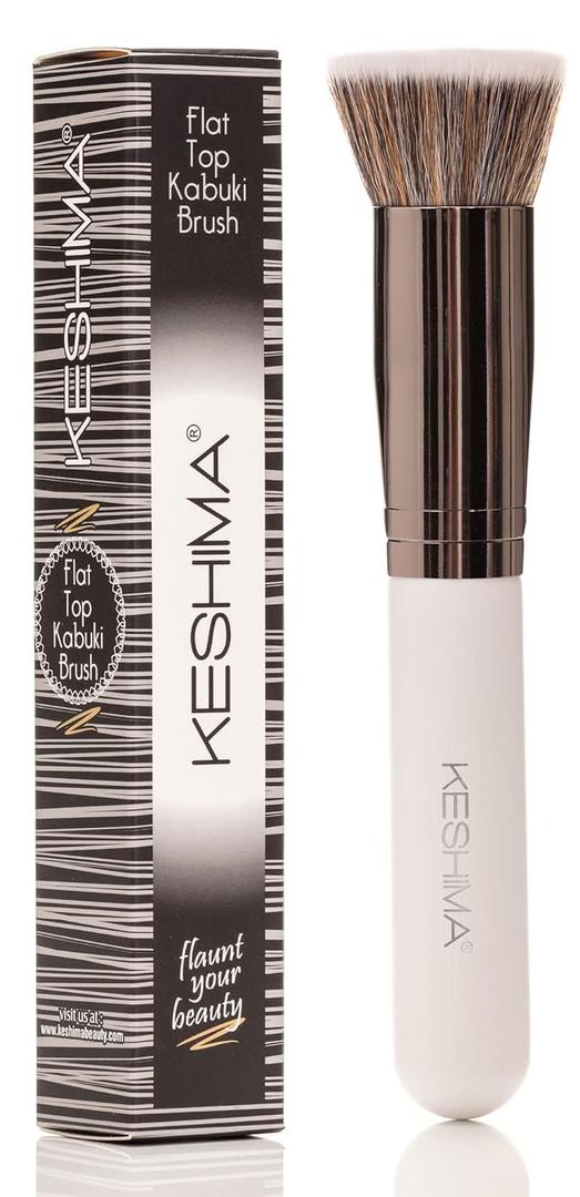 Keshima Foundation Brush Flat Top Kabuki - Premium Foundation Brush for Liquid Makeup, Cream, and Powder - Buffing, Blending, and Face (Regular Size, White)