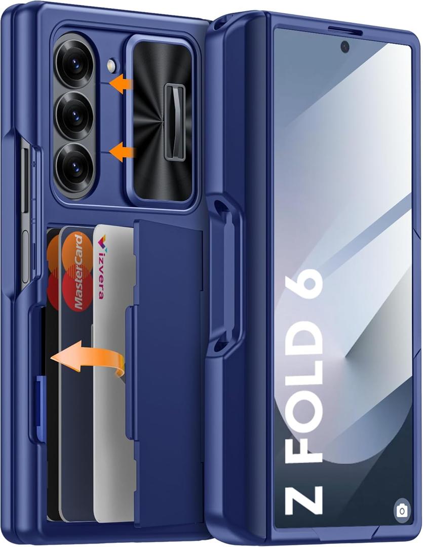 Vizvera for Samsung Galaxy Z Fold 6 Case RFID Wallet with Cards Holder [S Pen Holder] [Camera Cover] Shockproof Silicone Protective Phone Case for Z Fold 6 2024-Blue