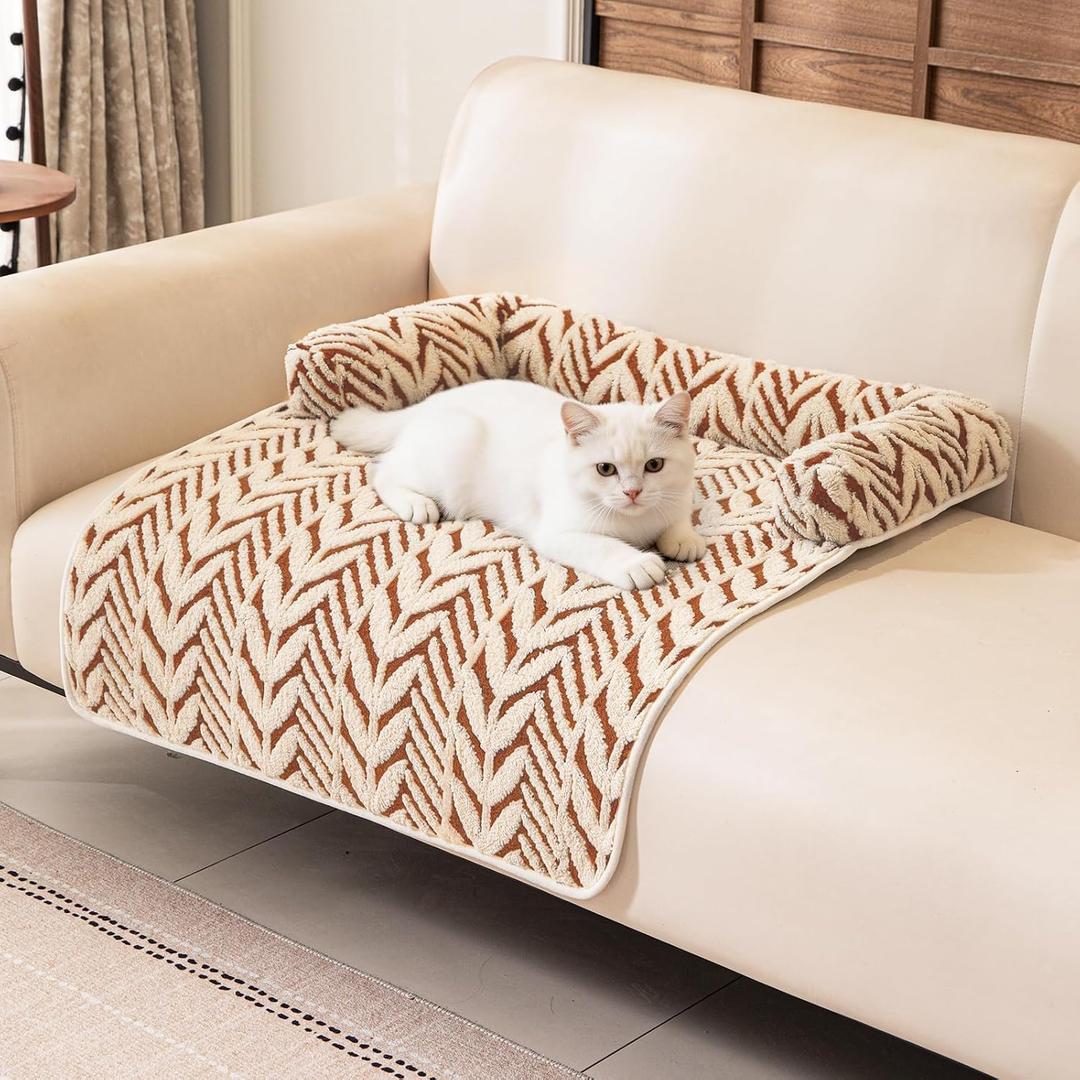 Calming Dog Bed Mats with Neck & Head Support, Soft Flannel Pet Couch Bed for Small Dogs & Cats, Pet Washable Couch Covers for Sofa, Small 31.5"L x 23.62"W