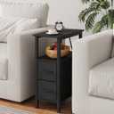 Narrow Side Table for Small Spaces, Skinny End Table with Charging Station, Sofa Beside Table with 2 Fabric Drawers and 1 Open Compartment, Slim Nightstand with USB Ports Outlet, Black UTBT004B
