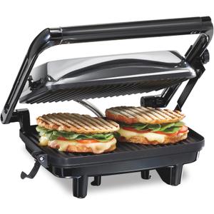 Hamilton Beach Panini Press Sandwich Maker & Electric Indoor Grill with Locking Lid, Opens 180 Degrees for any Thickness for Quesadillas, Burgers & More, Nonstick 8" x 10" Grids, Chrome (25460AG)