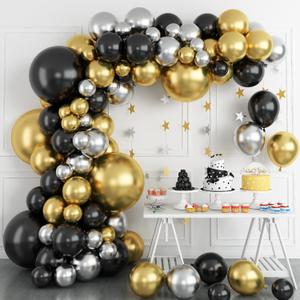 141PCS Black Gold and Silver Balloons Garland Arch Kit, 18 10 5 inch Black and Gold Balloons Garland Kit, Metallic Gold Silver Black Balloons for Graduation Birthday Anniversary Wedding New Year Party
