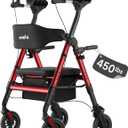 StrollAid Upright Walkers for Seniors, 450 lb Heavy Duty Stand Up Rollator Walker with Adjustable Soft Sponge Arm support & Seat, Tall Standing Folding Rolling Walker with 8'' Wheel, Red