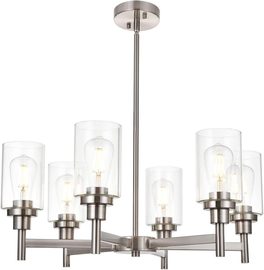 VINLUZ 6 Light Contemporary Chandelier Brushed Nickel Modern Pendant Lighting Cylinder Clear Glass Shaded Classic Ceiling Light Fixtures for Living Room Dining Room Kitchen