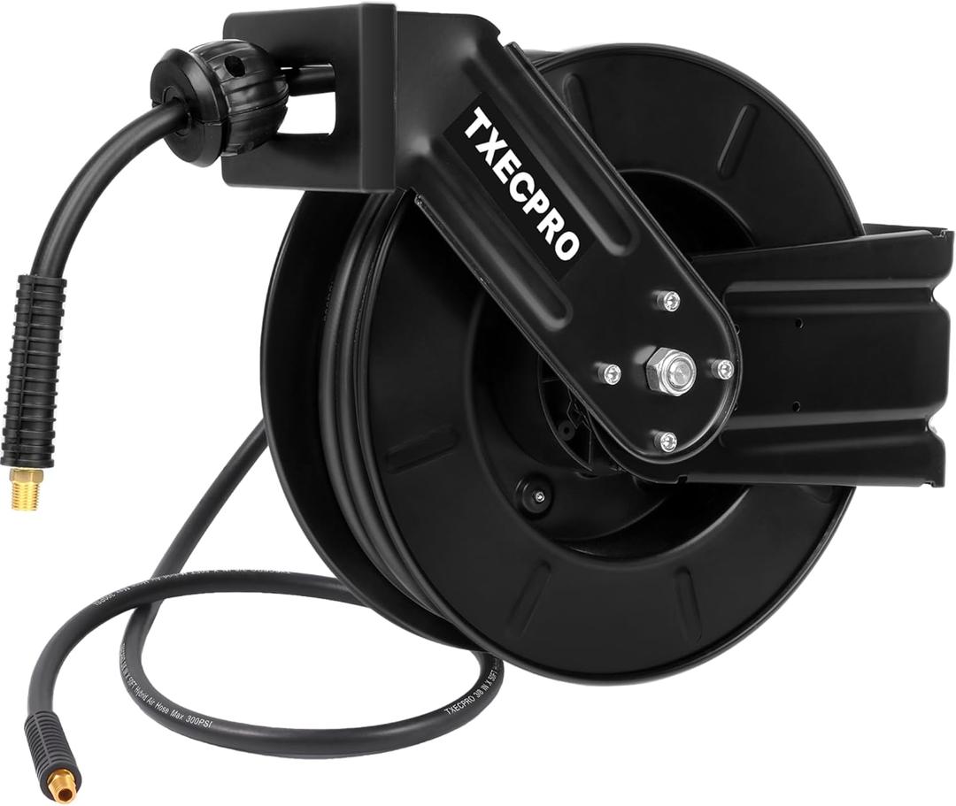 Retractable Air Hose Reel, 3/8 IN x 50 FT Hybrid Air Hose Max 300 PSI, Air compressor hose reel with 5 ft Lead in, Ceiling/Wall Mounted air hose reel,Heavy Duty air tool