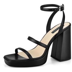 MIRAAZZURRA Platform Strappy Heel Sandals Square Open Toe Two Strap Chunky High Heeled Sandals with Buckle Ankle Strap for Women Party Wedding Dress (7, Black-matte)