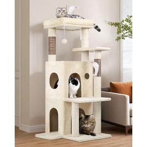 Globlazer Cat Tree Tower for Indoor Cats, 50-inch Adult Cat Tree House for Large Adult Cats with Steps, Scratching Post, 2 Cat Caves, Dangling Toys, FC50, Beige