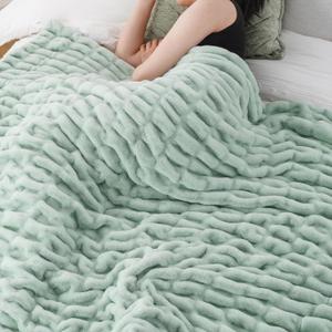 BATTILO HOME Large Faux Fur Throw Blanket for Couch, Sage Green Throw Super Soft Cozy Blanket, Double Side Ruched Rabbit Fur Blanket for Bed, Living Room, 60"x80"