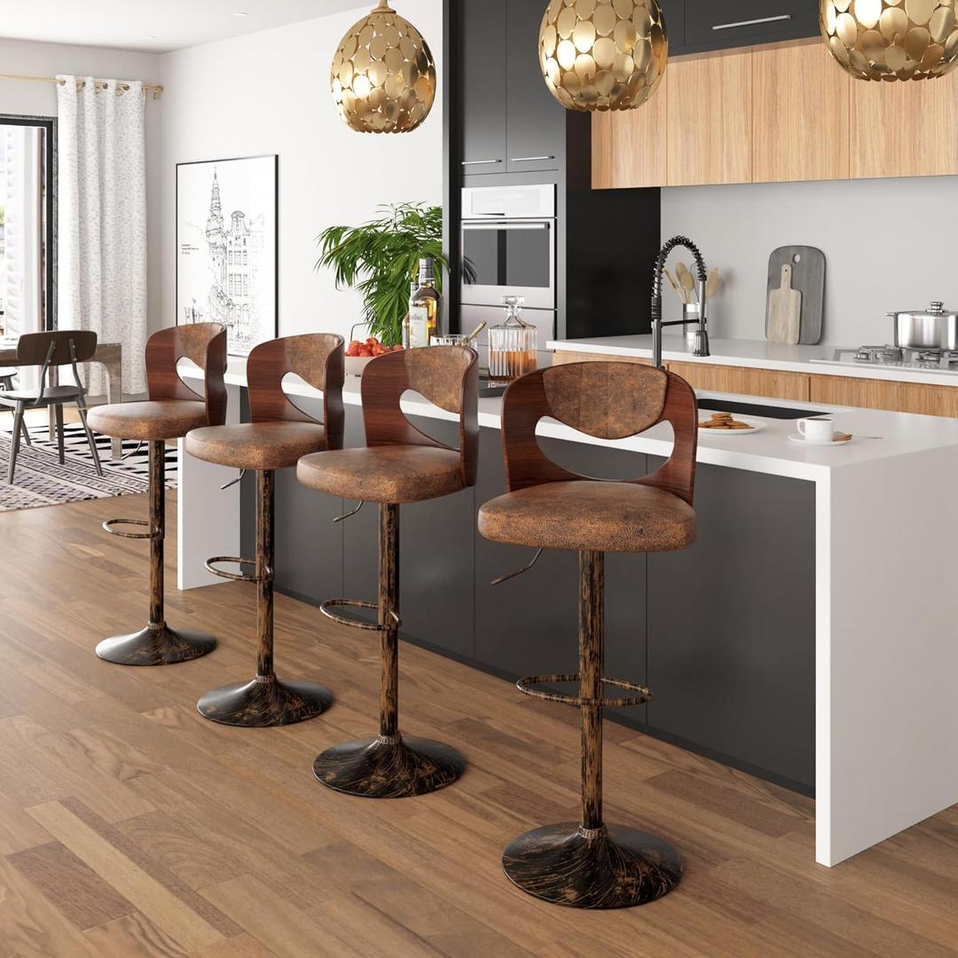 VECELO BarStools Set of 4,Kitchen Island Stools with Bentwood Back,Arm&Footrest,Counter Height Bar Chairs PU Leather Cushion Seat Adjustable Height 360Swivel,Island Chairs for Club Pub,Rustic Brown