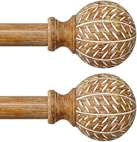 QDWIS 2 Pack Wood Curtain Rods for Windows 48 to 84 Inch,1'' Diameter Drapery Rods with Imitation Wood Grain Leaf Pattern Finials,Boho Adjustable Heavy Duty Curtain Rods Set,36-88'',Color:Natural Wood