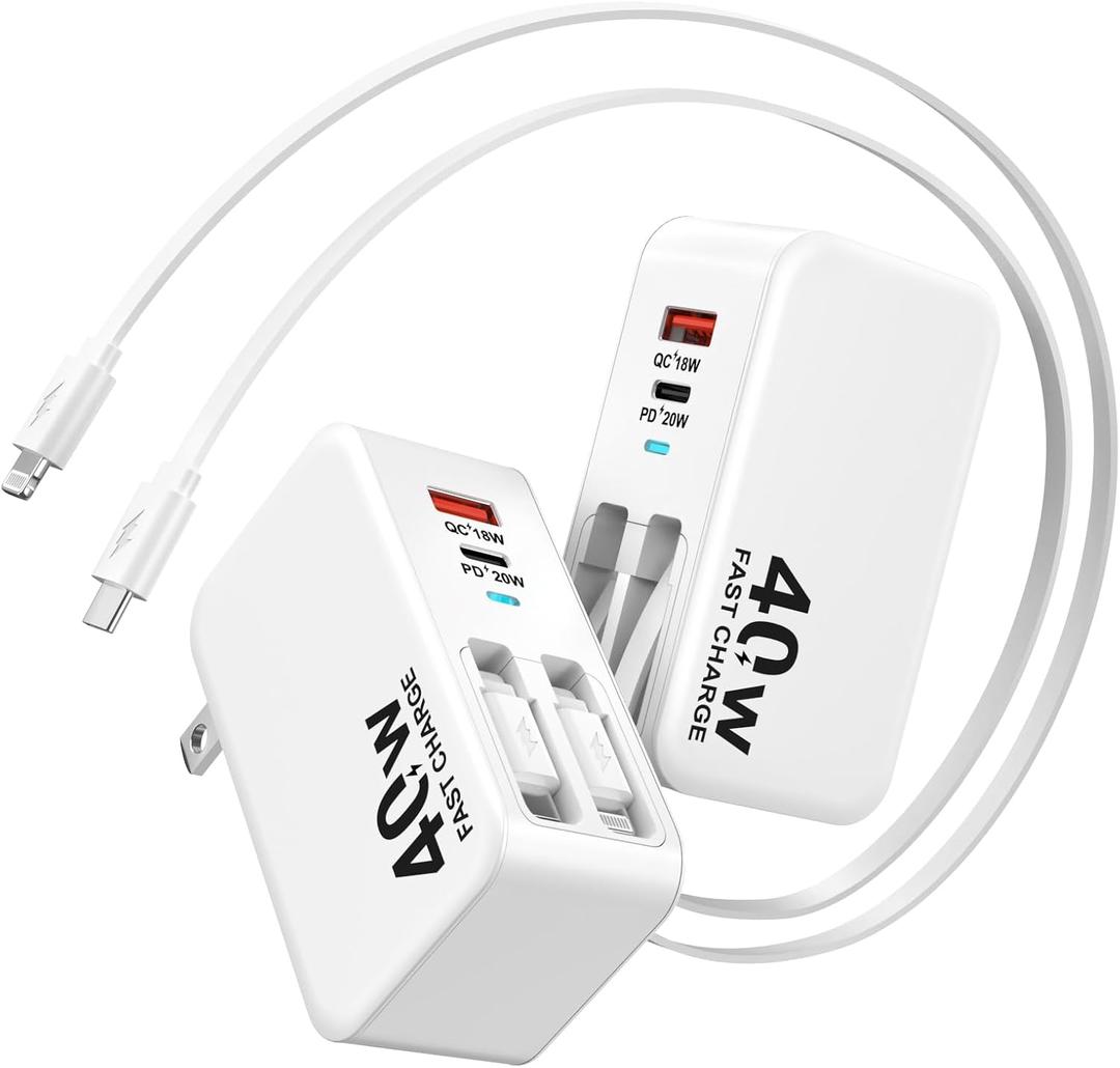 4-in-1 Retractable Wall Charger, 40W Retractable iPhone Charger Wall Plug with Dual 3ft Lightning + Type C Charging Cables, 4-Ports USB C Charger Foldable Block for iPhone 17 16 15 14 13 12 11 8 7