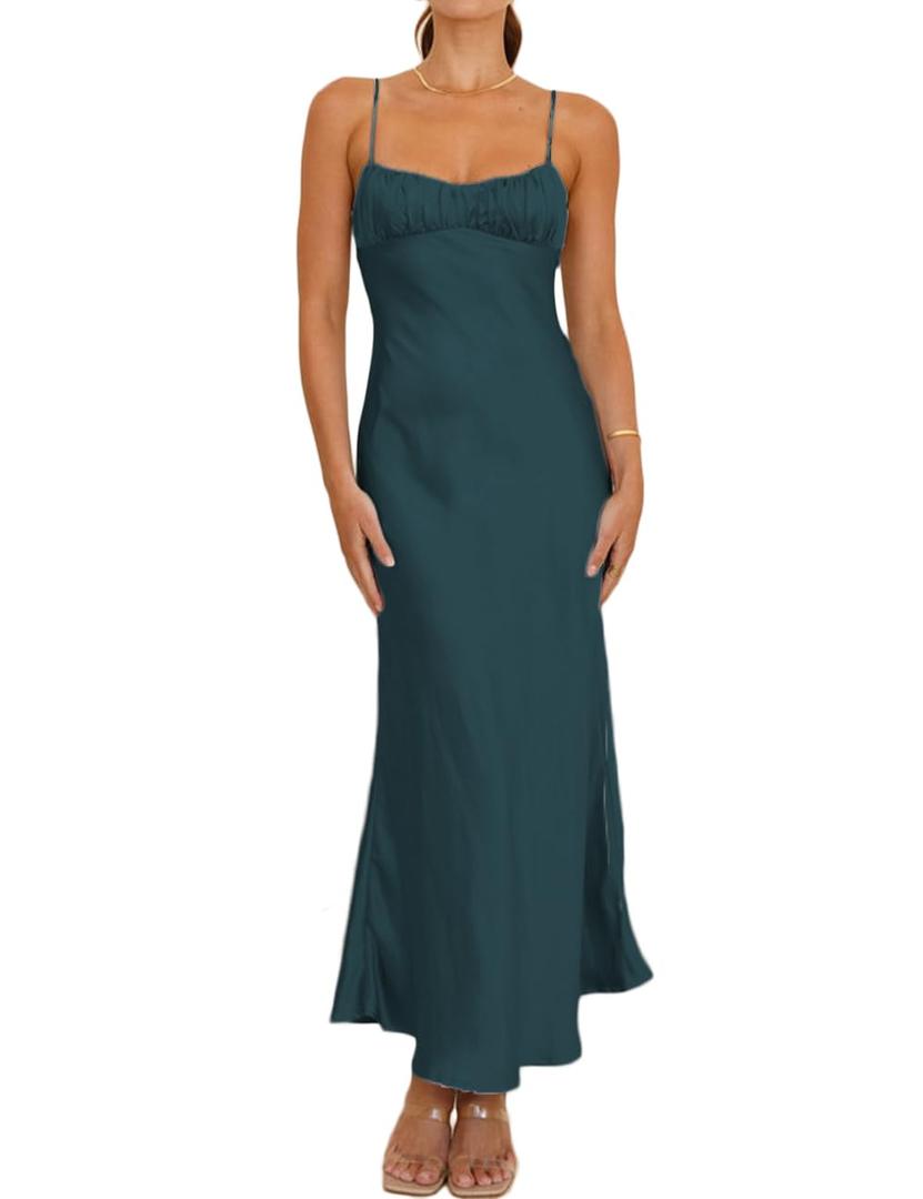 Satin Spaghetti Strap Backless Ruched Twist Cocktail Dresses for Women Silk Open Back Cut Out Midi Dress Wedding Guest XS