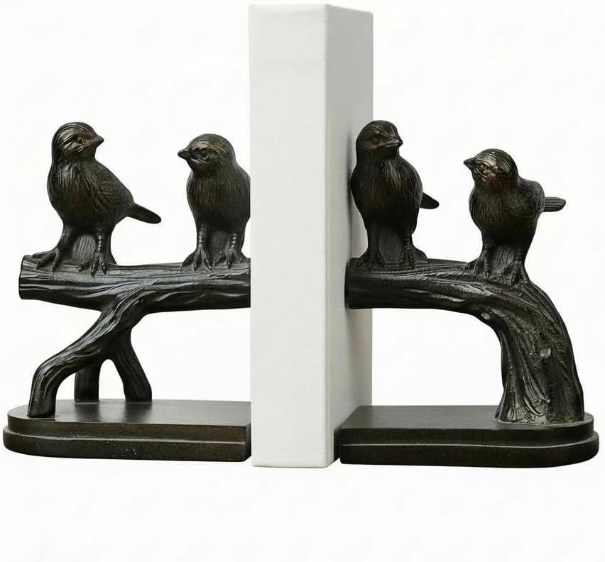 Comfy Hour 6.2" Black Birds on Branch Figurine Style Bookends, Rustic Antique Vintage Bird Statue Home Decor, Heavy Duty Animal Book Stoppers Pair