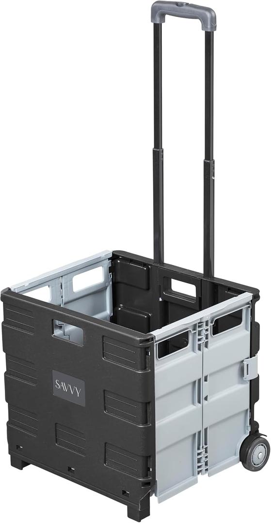 Folding Mobile Utility Cart, Black
Durable plastic, adjustable handle, 40 lb capacity, collapses to 3" thick for storage, rolling wheels for easy transport