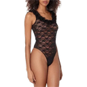 Sheer Black Lace Ruffle Thong Bodysuit, Size Small