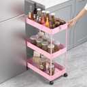 SPACELEAD 3 Tier Rolling Cart with Wheels, Storage Craft Art Trolley Organizer Serving, 3 Hanging Baskets Easy Assembly, for Office, Living Room, Kitchen, Pink