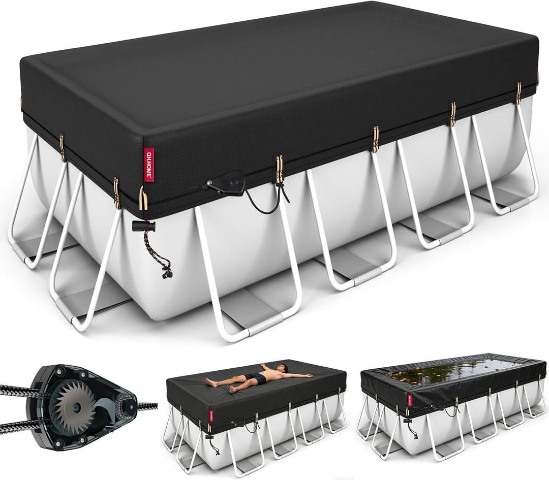 QH.HOME 12x24ft Rectangular Pool Cover,[Ultimate Windproof & Tear-Resistant Fabric],Snug Fit with Patented Ratchet & Weight Rings,Solar Pool Cover for Above Ground Pools, Blocks Leaves &Waterproof