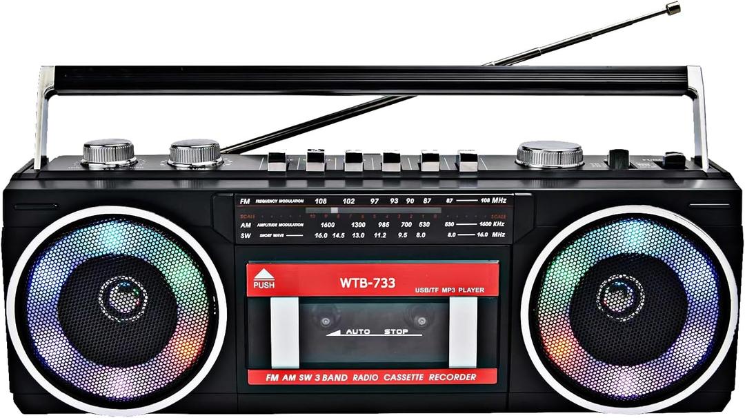 Retro 80's Cassette Player Recorder with AM/FM/SW Radio, Bluetooth Boombox, USB, Built-in MIC for Voice Recording, RGB Colorful Lights, Headphone Jack, AC or Battery Powered