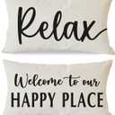 Welcome to Our Happy Place Relax Decorative Throw Pillow Covers 12x20 Inch Set of 2 Sayings Outdoor Modern Farmhouse Decor Cozy Lumbar Cushion Case Decoration for Home Sofa Couch Living Room (Cream)