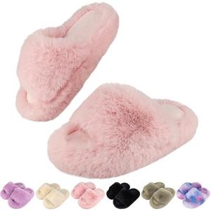 LUYOO Girls Fuzzy Memory Foam Slippers Comfy丨Kids Fluffy Plush Open Toe House Slippers丨Slip On Furry Home Slides丨Indoor Outdoor Fur Flip Flop 34