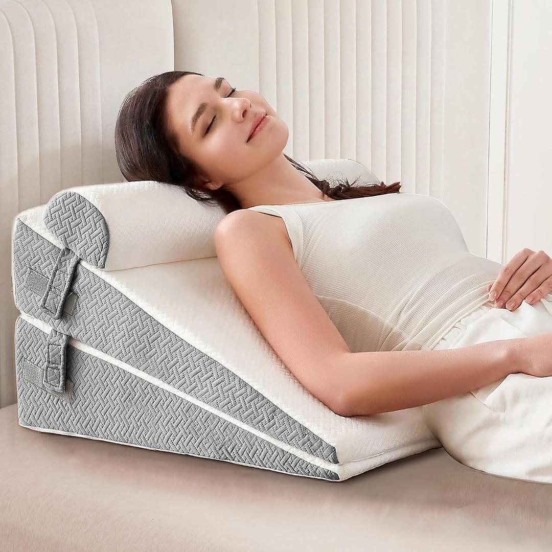 Sasttie Wedge Pillow, Bed Wedge Pillow Set for After Surgery, Acid Reflux and Sleeping, 3-Piece Detachable Design, Adjustable Height, White & Dark Grey (12 IN+1 Head pillow)