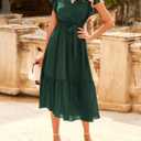BTFBM Women Summer Bohemian Floral Casual Wrap V Neck Ruffle Cap Sleeveless Belt A-Line Pleated Hem Midi Sun Dress White (Green, L)