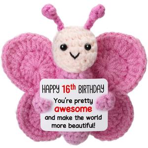 Sweet 16 Gifts for Girls, Mini Crochet Pink Butterfly Plush for 16th Birthday Teen, Happy 16 Year Old Girl Birthday Gift Ideas, Sixteen YO Decorations
